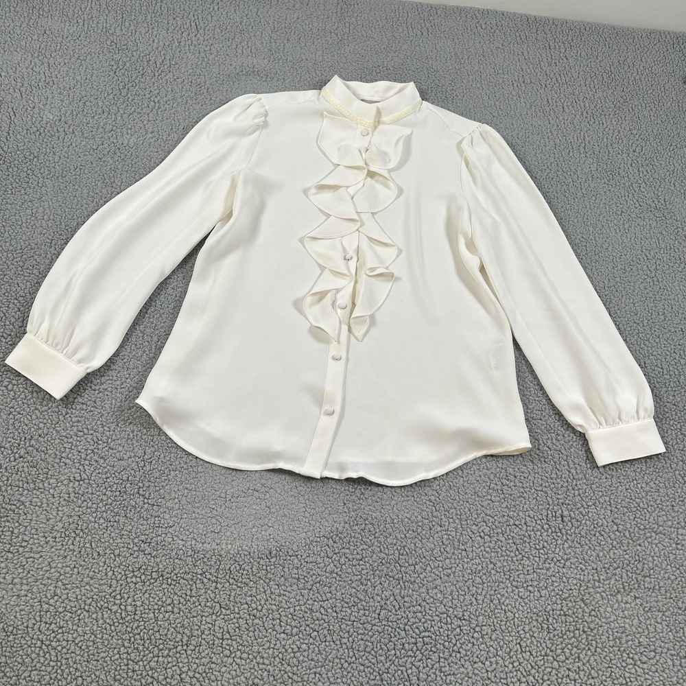 Chico's Blouse Womens 1 White Ruffle Front Button High Neck Long Sleeve Satin
